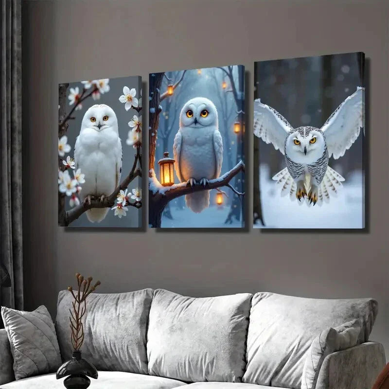 3pcs White Owl Magpies Cherry Blossoms Nature Wall Art Set Canvas Framed 40x60cm - High Quality Print 100% Australian Made Wall Canvas Ready to Hang