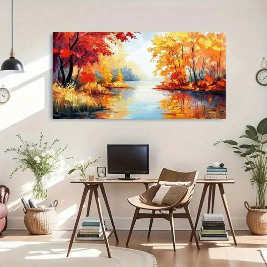 Serene Water Reflection Autumn Wall Art Canvas Office Home Room Framed 120x60cm