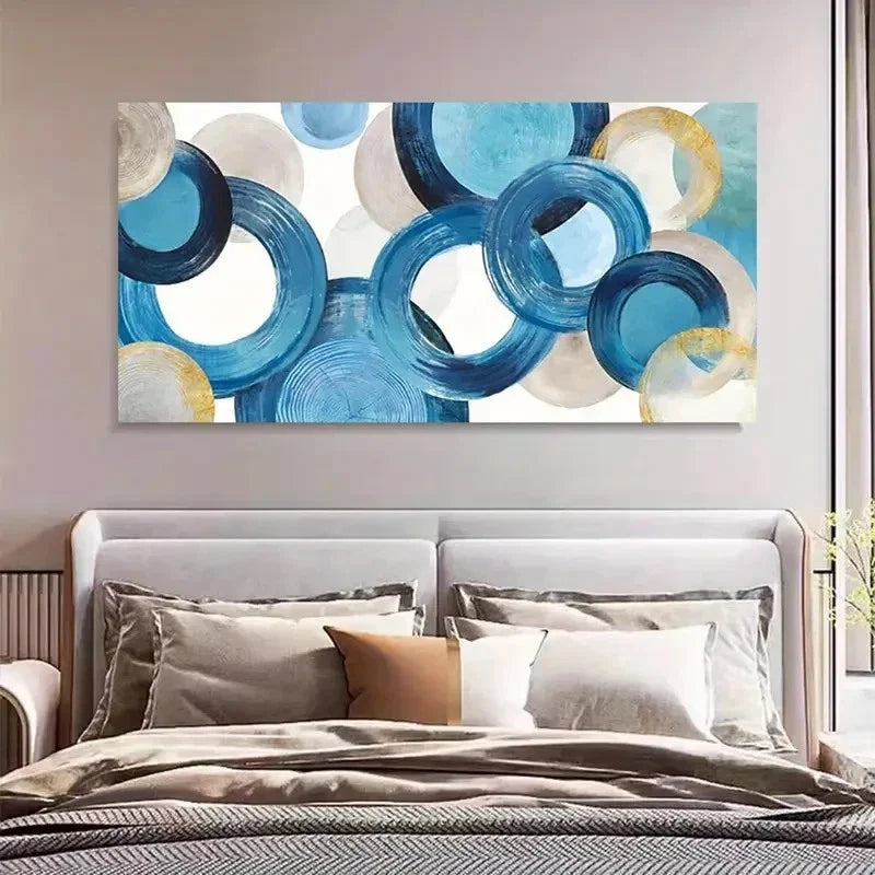 Blue Geometric Circles Design Wall Art Canvas Office Home Room Framed 120x60cm