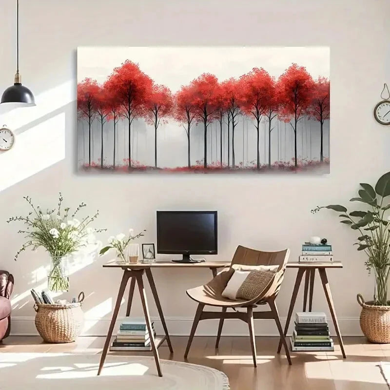 Aesthetic Red Tree Forest Décor Wall Art Canvas Office Home Room Framed 120x60cm