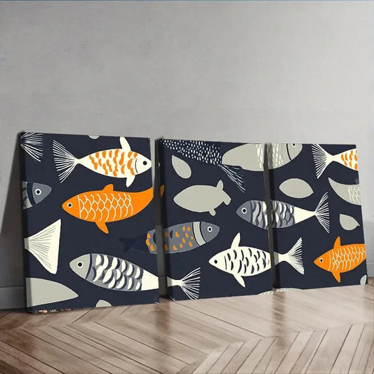 3pcs A Pattern of Fish Culture Perfect Wall Art Set Canvas Framed 40x60cm - High Quality Print 100% Australian Made Wall Canvas Ready to Hang