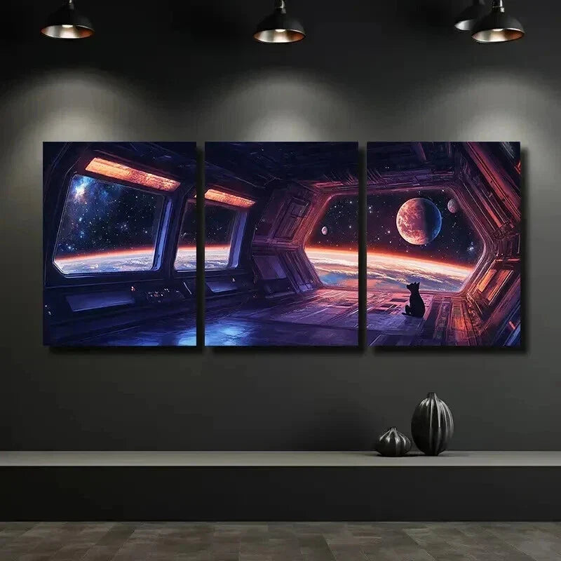 3pcs Space Station View with Dog Wall Art Set Canvas Framed 40x60cm - High Quality Print 100% Australian Made Wall Canvas Ready to Hang