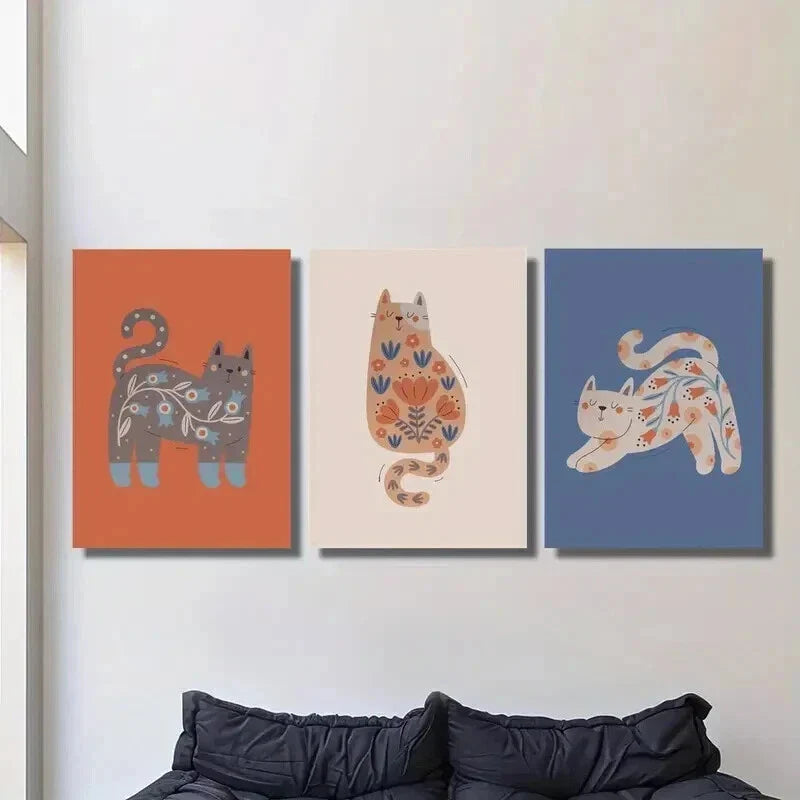 3pcs Cute Cartoon Nordic Niche Cats Wall Art Set Canvas Framed 40x60cm - High Quality Print 100% Australian Made Wall Canvas Ready to Hang