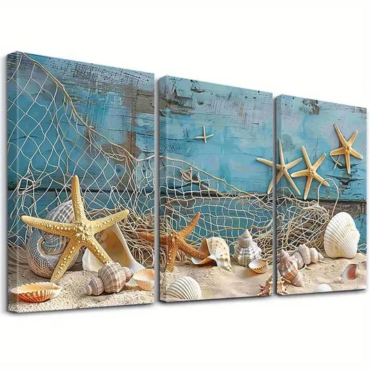 3pcs Modern Fishing Net Seashells Starfish Net Wall Art Set Canvas Framed 40x60cm - High Quality Print 100% Australian Made Wall Canvas Ready to Hang