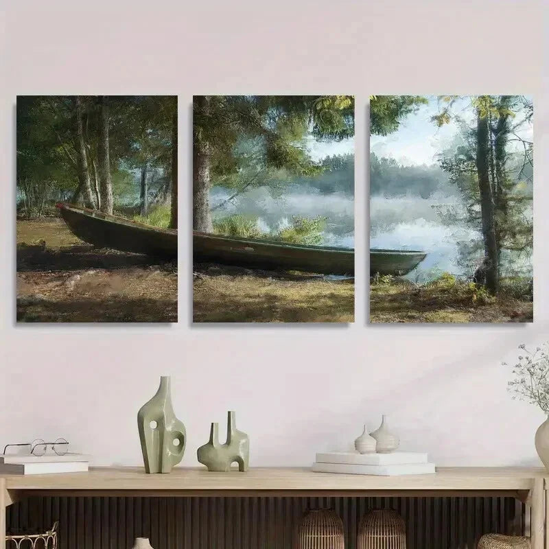 3pcs Serene Lake with Boat, Tranquil Nature Metal Print Ready to Hang Art
