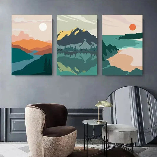 3pcs Abstract Landscape Geometric Mountain Metal Print Ready to Hang Art