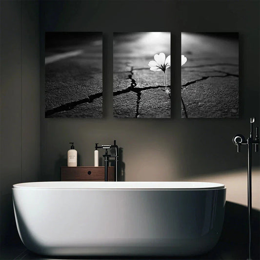 3pcs Flowers in Floor Cracks Luxury Metal Print Ready to Hang Art