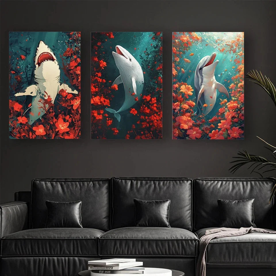 3pcs Dreamy Underwater Creatures Metal Print Ready to Hang Art