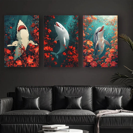 3pcs Dreamy Underwater Creatures Metal Print Ready to Hang Art