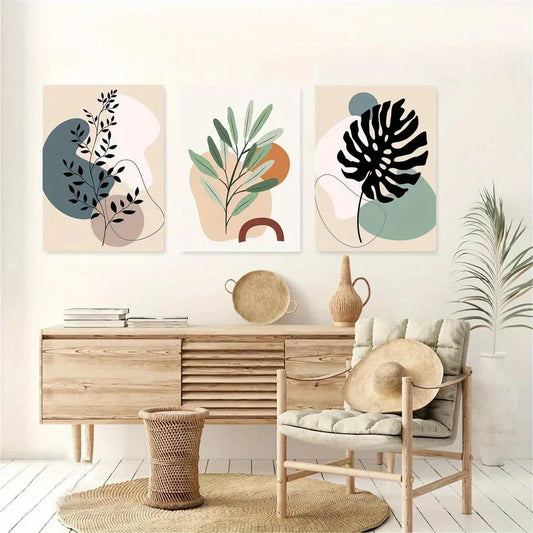 3pcs Abstract Geometric Shape Plant Flowers Metal Print Ready to Hang Art