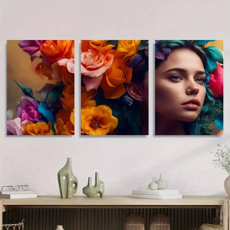 3pcs Vibrant Floral Crowned Woman Metal Print Ready to Hang Art