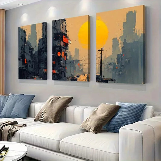 3pcs Urban Dystopian Sunset Cyberpunk Cityscape  Wall Art Set Canvas Framed 40x60cm - High Quality Print 100% Australian Made Wall Canvas Ready to Hang