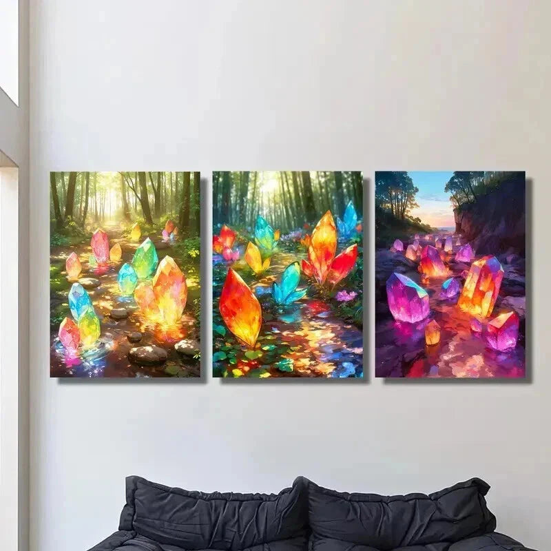 3pcs Colorful Magic Crystals in the Forest Wall Art Set Canvas Framed 40x60cm - High Quality Print 100% Australian Made Wall Canvas Ready to Hang