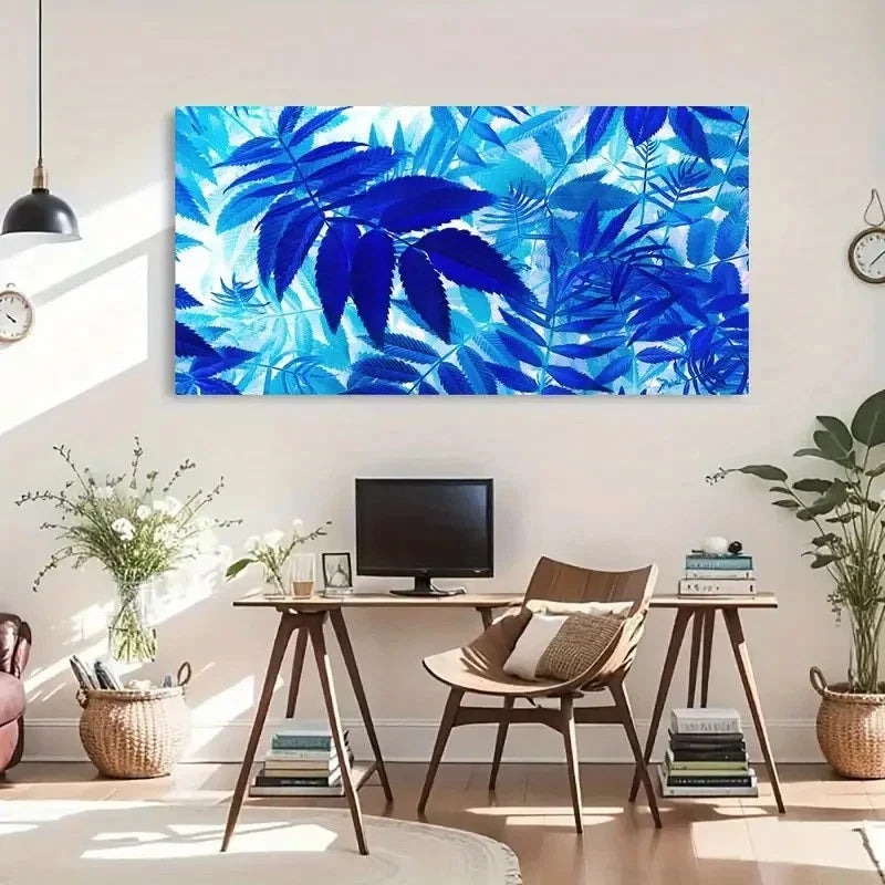 Blue Leaves On White Modern Wall Art Canvas Office Home Room Framed 120x60cm