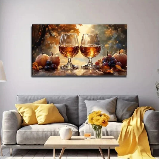 Wine Glasses & Autumn Leaves Wall Art Canvas Office Home Room Framed 120x60cm