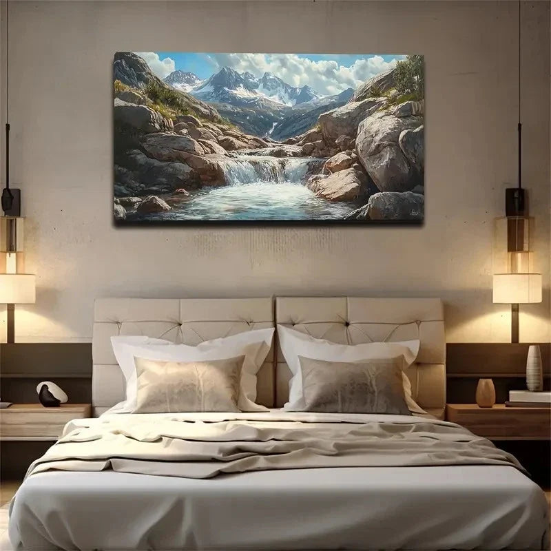 Serene Mountain Waterfall Lands Wall Art Canvas Office Home Room Framed 120x60cm