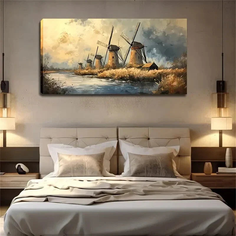 Windmill House By The River Wall Art Canvas Office Home Room Framed 80x45cm