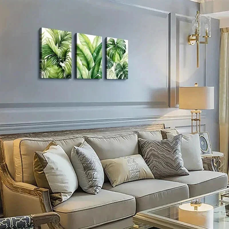 3pcs Vibrant Tropical Green Leaf Deco Wall Art Set Canvas Framed 40x60cm - High Quality Print 100% Australian Made Wall Canvas Ready to Hang