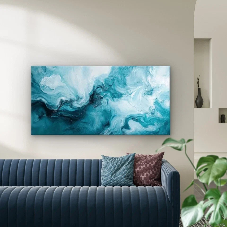 Abstract Ocean Waves Wall Art Canvas Office Home Room Framed 80x45cm
