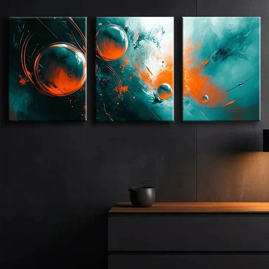 3pcs Abstract Orange Swirl Modern Luxurious Metal Print Ready to Hang Art