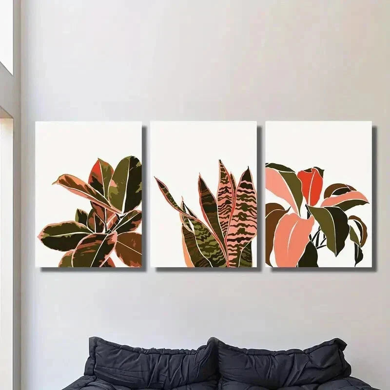 3pcs Tropical Natural Pink & Green Leaves Wall Art Set Canvas Framed 40x60cm - High Quality Print 100% Australian Made Wall Canvas Ready to Hang