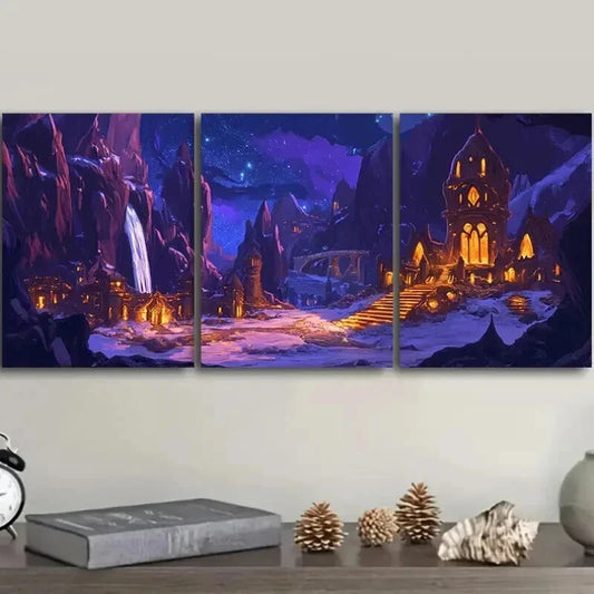 3pcs Ancient Mountain City Dark Colorful Perfect Wall Art Set Canvas Framed 40x60cm - High Quality Print 100% Australian Made Wall Canvas Ready to Hang