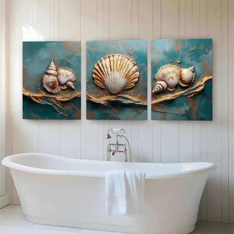3pcs Coastal Seashell Tranquil Teal Perfect Wall Art Set Canvas Framed 40x60cm - High Quality Print 100% Australian Made Wall Canvas Ready to Hang