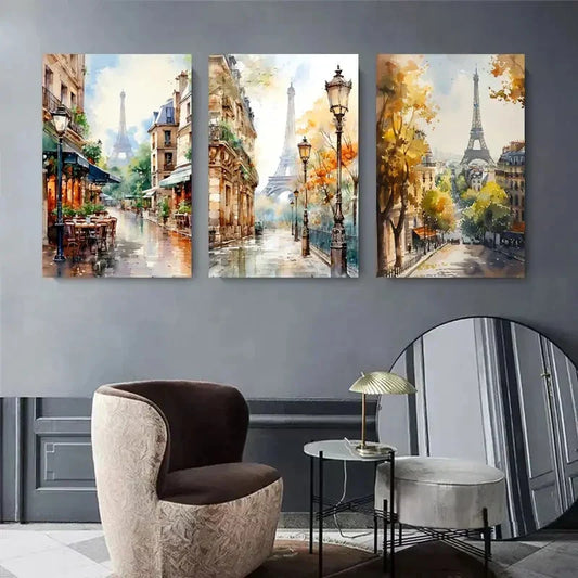 3pcs Paris Eiffel Tower Street Scene Triptych Metal Print Ready to Hang Art