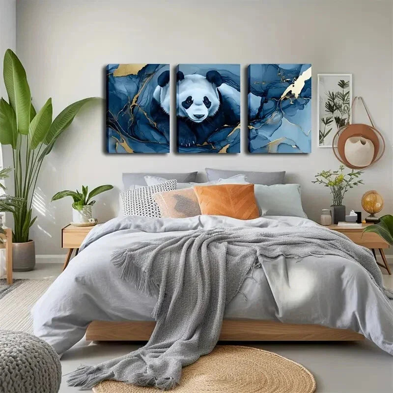3pcs Panda Blue Golden Marble Abstract Perfect Wall Art Set Canvas Framed 40x60cm - High Quality Print 100% Australian Made Wall Canvas Ready to Hang