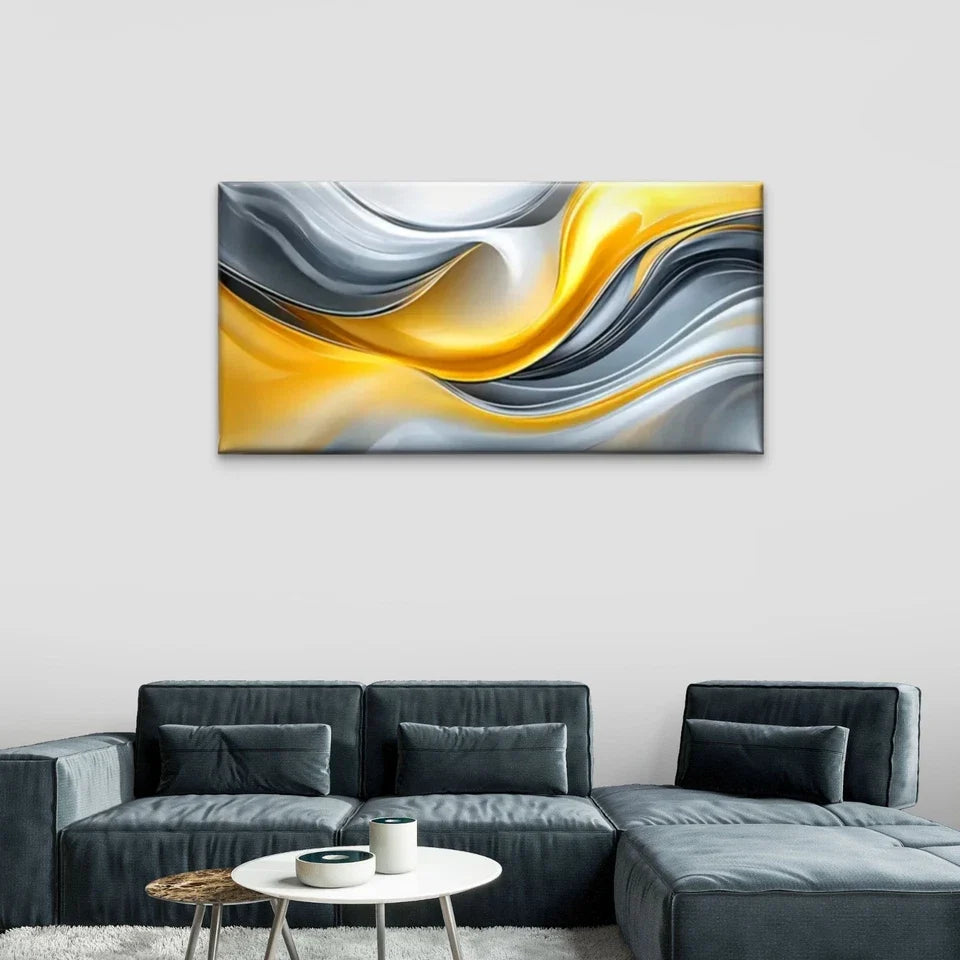 Yellow And Grey Waves Abstract Wall Art Canvas Office Home Room Framed 80x45cm