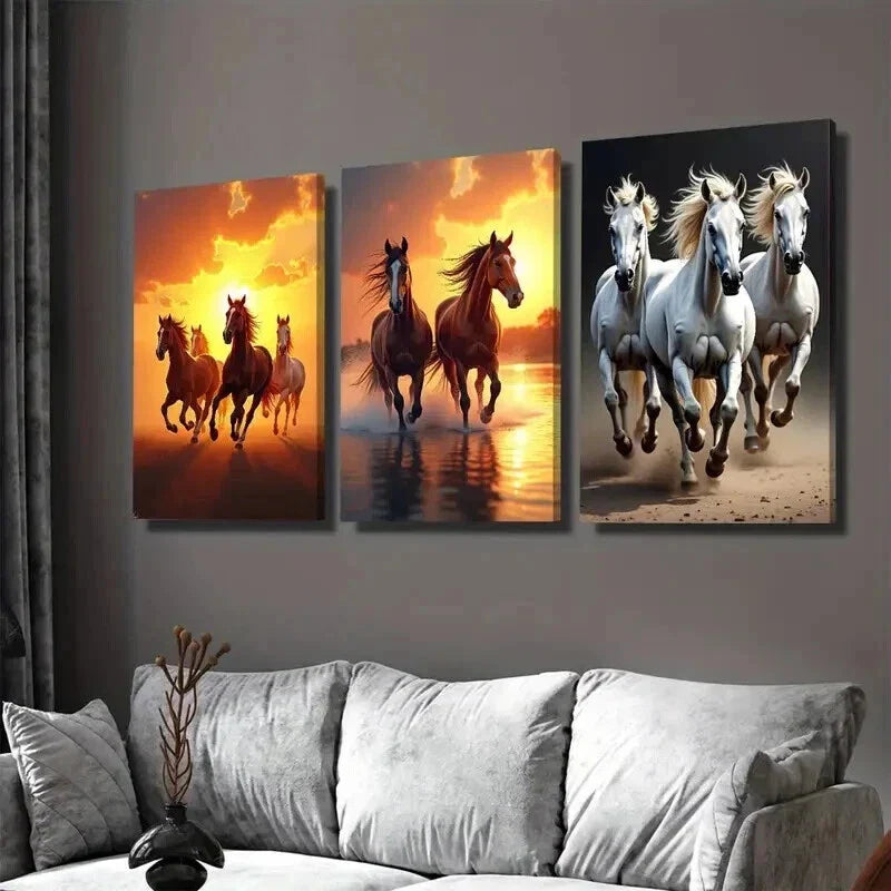 3pcs Galloping Horses Sunset and Beach Scene Wall Art Set Canvas Framed 40x60cm - High Quality Print 100% Australian Made Wall Canvas Ready to Hang