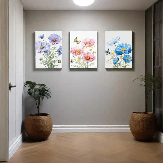3pcs   Colorful Floral Picture Blue Yellow Pink Metal Print Ready to Hang Art