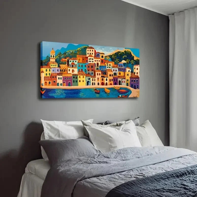 Colorful Houses & Beach Scene Wall Art Canvas Office Home Room Framed 120x60cm