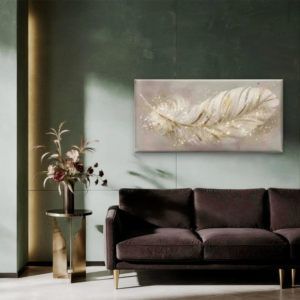 Golden Sparkle Feather Wall Art Canvas Office Home Room Framed 120x60cm