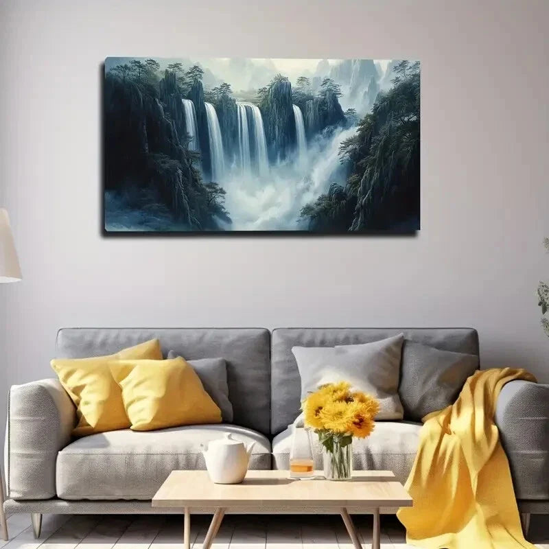 Grand Mountain Waterfall Lands Wall Art Canvas Office Home Room Framed 120x60cm