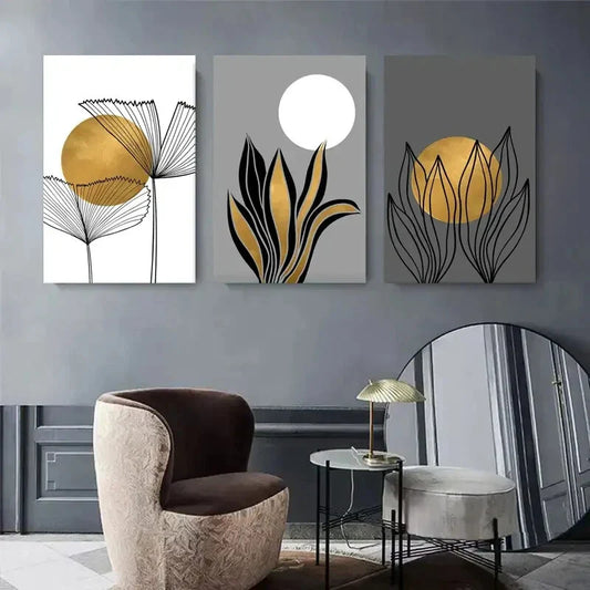 3pcs Golden Geometric Sun, Abstract Plants Metal Print Ready to Hang Art