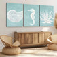 3pcs Seahorses Corals & Shells Ocean Life Blue Wall Art Set Canvas Framed 40x60cm - High Quality Print 100% Australian Made Wall Canvas Ready to Hang