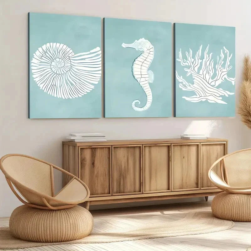 3pcs Seahorses Corals & Shells Ocean Life Blue Wall Art Set Canvas Framed 40x60cm - High Quality Print 100% Australian Made Wall Canvas Ready to Hang