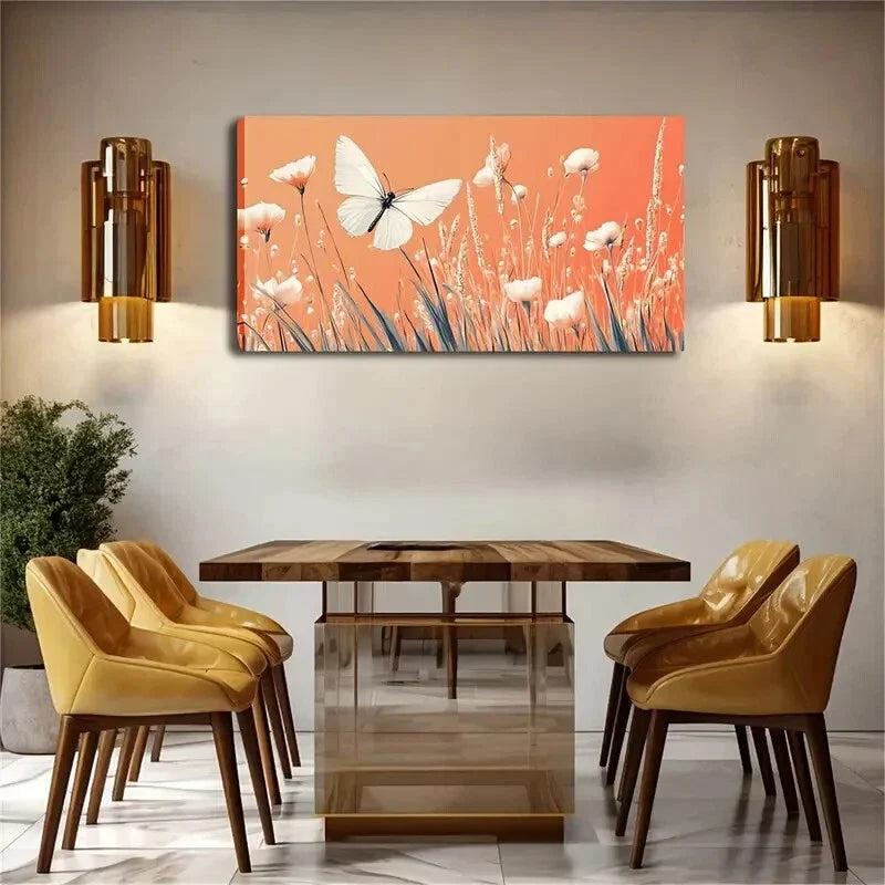 White Butterfly Flower Branch Wall Art Canvas Office Home Room Framed 80x45cm
