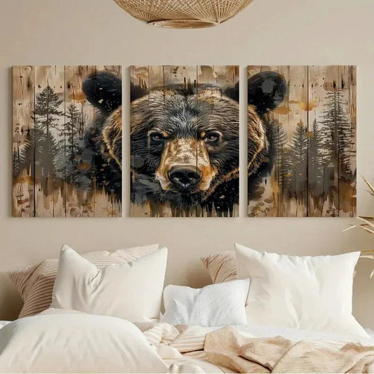 3pcs Grizzly Bear Wildlife Farmhouse Metal Print Ready to Hang Art