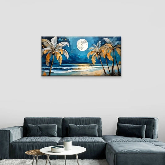 Palm Trees Moon Night Wall Art Canvas Office Home Room Framed 80x45cm