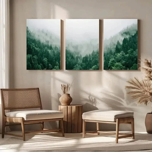 3pcs Serene Forest & Misty Peaks Mountain Metal Print Ready to Hang Art