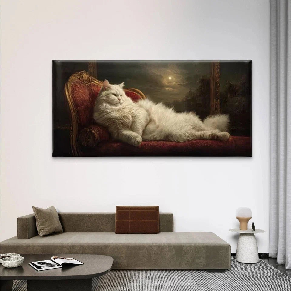 Long-Haired Cat on Red Chair Wall Art Canvas Office Home Room Framed 80x45cm