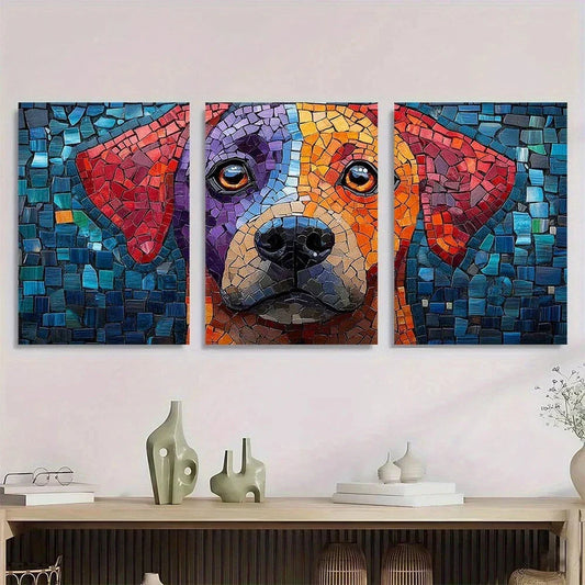 3pcs Vibrant Mosaic Dog Colorful Abstract Metal Print Ready to Hang Art