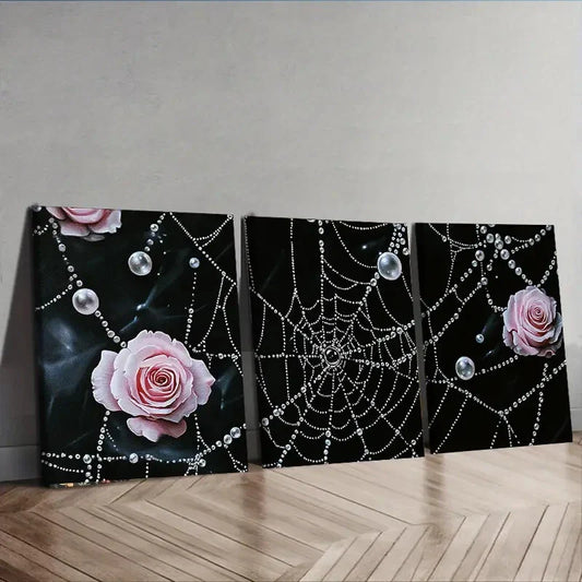 3pcs Rose and Spider Web Design Rose Perfect Wall Art Set Canvas Framed 40x60cm - High Quality Print 100% Australian Made Wall Canvas Ready to Hang