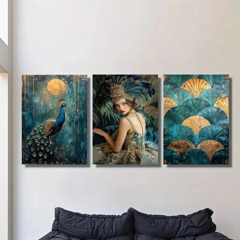 3pcs Gatsby Girl Peacock Full Moon Wall Art Set Canvas Framed 40x60cm - High Quality Print 100% Australian Made Wall Canvas Ready to Hang
