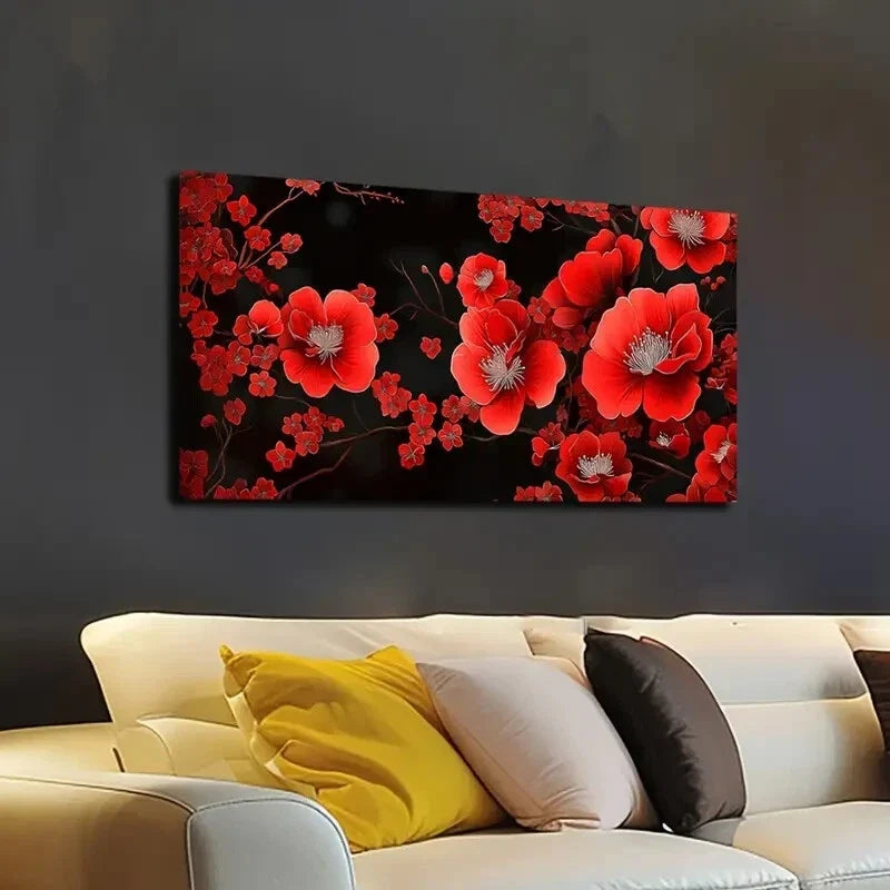 Vibrant Red Flowers on Black Wall Art Canvas Office Home Room Framed 120x60cm