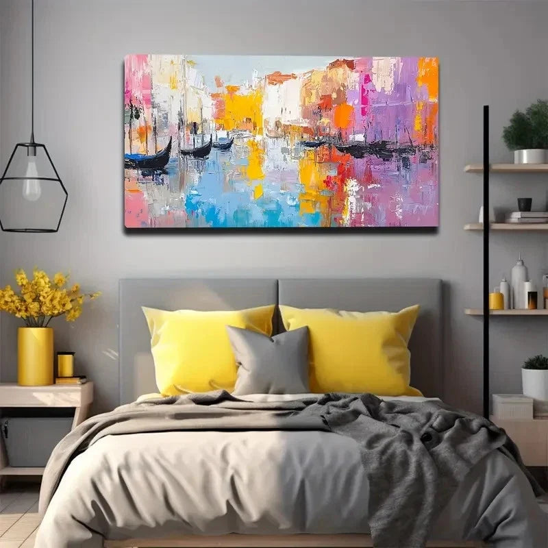Abstract Water City Boat Wall Art Canvas Office Home Room Framed 80x45cm