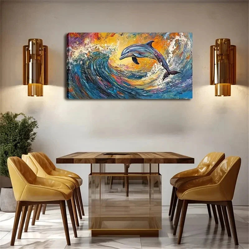 Vibrant Dolphin Leaping Waves Wall Art Canvas Office Home Room Framed 120x60cm