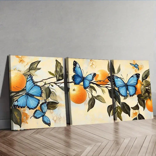 3pcs Blue Butterflies & Orange Trees Can Perfect Wall Art Set Canvas Framed 40x60cm - High Quality Print 100% Australian Made Wall Canvas Ready to Hang